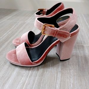 Pink Velvet Strappy Block Heel Sandals